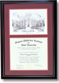 A tall frame holding a pen and ink print of Burruss Hall above a Virginia Tech diploma.