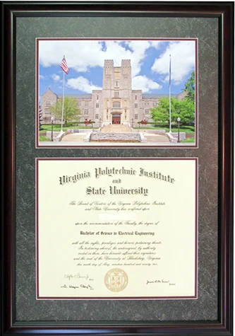 A tall frame holding a colour photograph of Burruss Hall above a Virginia Tech diploma, matted in gray stone-textured board.