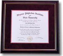 A Virginia Tech diploma on suede matting in maroon and orange.