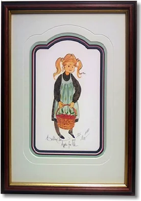 A P. Buckley Moss print of a girl carrying a basket, in a tall shaped mat with a gold inner fillet.