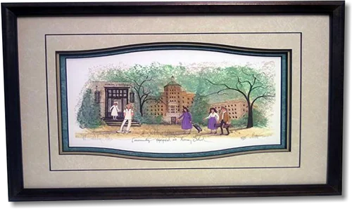 A P. Buckley Moss print of figures walking past a hospital building, in a shaped mat with a curved opening and a dark moulding.