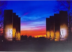 Colour photograph of the War Memorial Pylons at Virginia Tech.